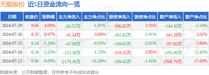 天顺股份（002800）7月29日主力资金净卖出6252万元(图1)